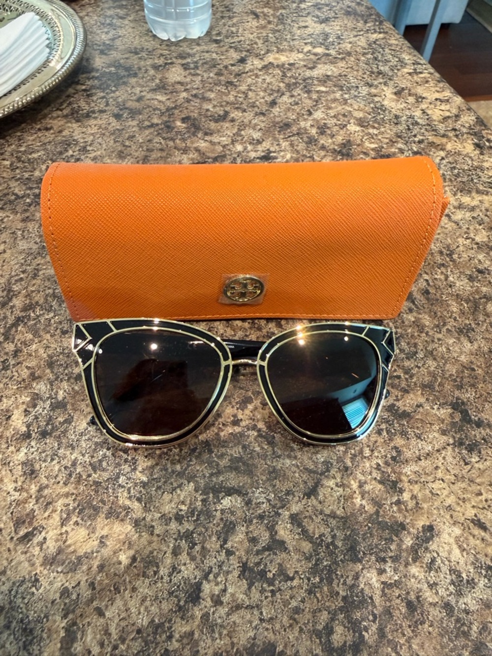 Tory Burch Black & Gold Cat Eye Sunglasses with Orange Case